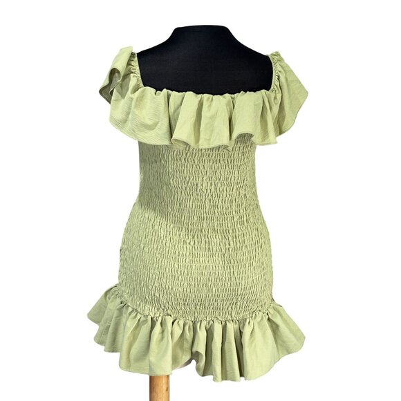 Off-Shoulder Ruffled Smocked Green Mini Dress By Shein XS - Picture 3 of 8
